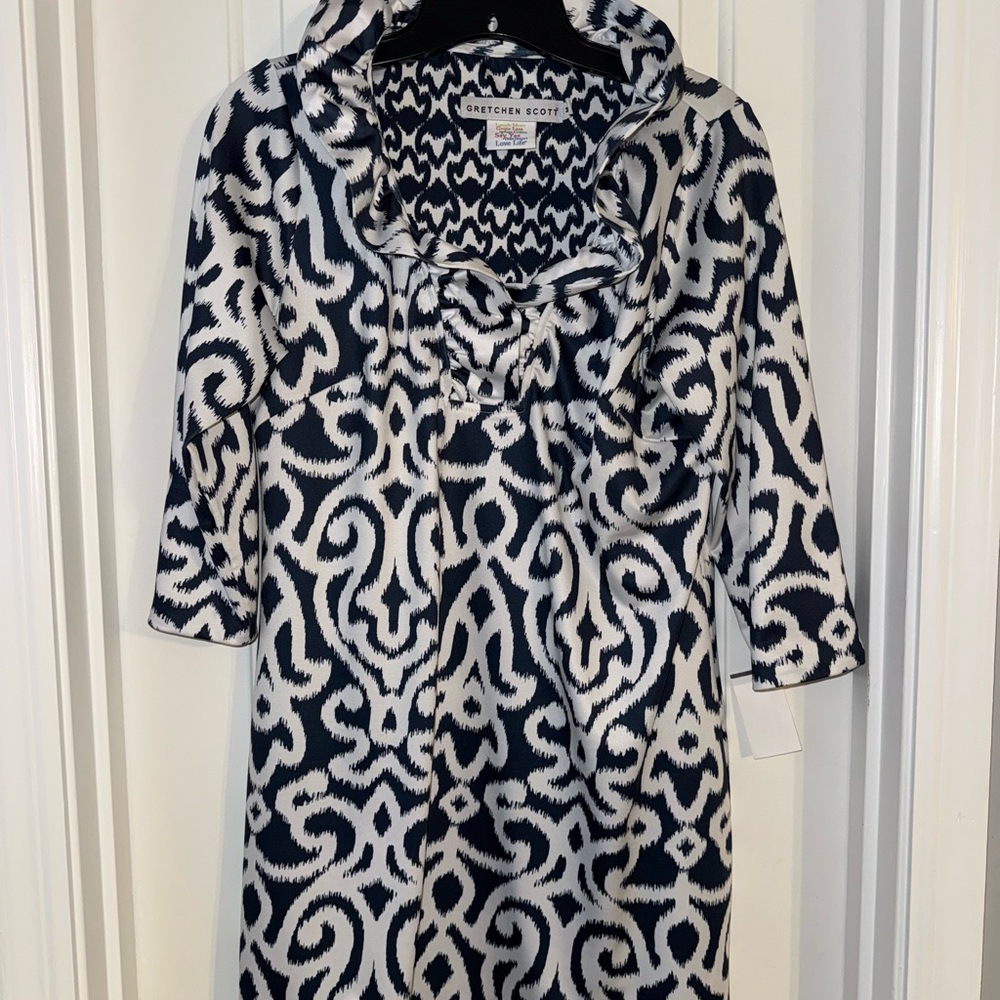 Gretchen Scott Navy and White Ruffle Mini Shirt Dress